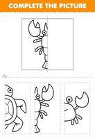 Education game for children cut and complete the picture of cute cartoon lobster half outline for coloring printable underwater worksheet vector