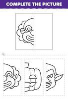 Education game for children cut and complete the picture of cute cartoon clown head half outline for coloring printable halloween worksheet vector