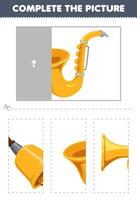 Education game for children cut and complete the correct picture of cute cartoon saxophone printable music instrument worksheet vector