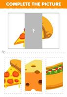 Education game for children cut and complete the correct picture of cute cartoon pizza printable food worksheet vector