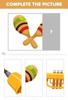 Education game for children cut and complete the correct picture of cute cartoon maracas printable music instrument worksheet vector