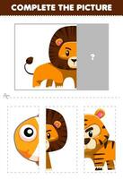 Education game for children cut and complete the correct picture of cute cartoon lion printable animal worksheet vector