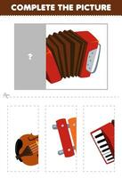 Education game for children cut and complete the correct picture of cute cartoon accordion printable music instrument worksheet vector