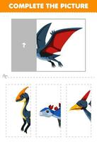 Education game for children cut and complete the correct picture of cute cartoon pteranodon printable prehistoric dinosaur worksheet vector