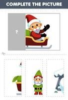 Education game for children cut and complete the correct picture of cute cartoon santa with a sleigh printable winter worksheet vector