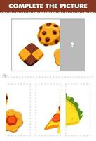 Education game for children cut and complete the correct picture of cute cartoon biscuit printable food worksheet vector