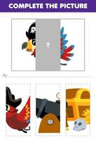 Education game for children cut and complete the correct picture of cute cartoon parrot wearing pirate hat printable pirate worksheet vector