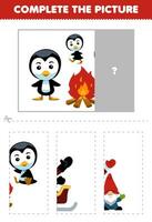 Education game for children cut and complete the correct picture of cute cartoon penguins around the bonfire printable winter worksheet vector