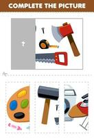 Education game for children cut and complete the correct picture of cute cartoon hammer saw axe printable tool worksheet vector