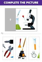 Education game for children cut and complete the correct picture of cute cartoon flask test tube microscope printable tool worksheet vector