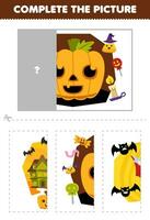 Education game for children cut and complete the correct picture of cute cartoon pumpkin and candy printable halloween worksheet vector