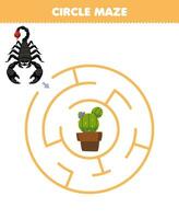 Education game for children circle maze draw line help cute cartoon scorpion move to the cactus printable bug worksheet vector