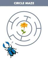 Education game for children circle maze draw line help cute cartoon stag beetle move to the flower printable bug worksheet vector