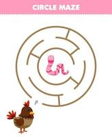 Education game for children circle maze draw line help chicken move to the worm printable animal worksheet vector