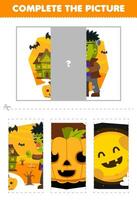 Education game for children cut and complete the correct picture of cute cartoon frankenstein printable halloween worksheet vector