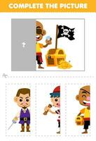 Education game for children cut and complete the correct picture of cute cartoon bald man with treasure printable pirate worksheet vector