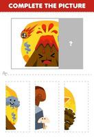 Education game for children cut and complete the correct picture of cute cartoon volcano printable nature worksheet vector
