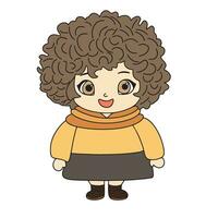 Cute little curly girl in doodle style. Doodle doll toy. Vector illustration.