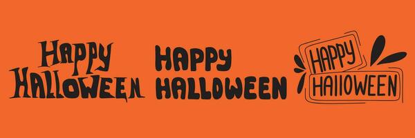 Set of hand drawn Happy Halloween text, phrase isolated on orange background. Vector illustration.