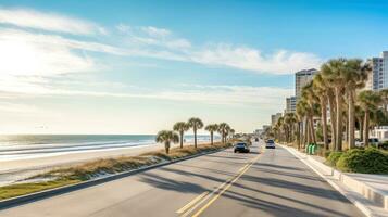 Illustration image of empty asphalt road beside the sea background, highway beside the sea, outdoors horizontal image, Generative AI illustration photo