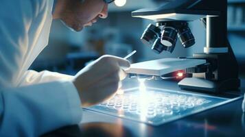 Laboratory scientists conduct experiments. Chief research scientist adjusts specimen in a petri dish and looks on it into microscope, Generative AI illustration photo