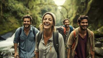Group of happy friends and laughing, tourism, travel, people sharing good and positive mood, backpack camping hiking journey travel trek concept, with blurred background, Generative AI illustration photo