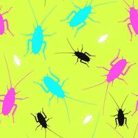 Vector seamless bright pattern with cockroaches on bright green background. Pest insects. Bugs top view