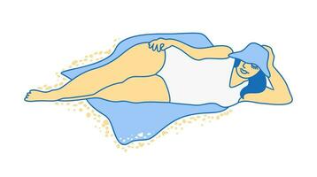 Sunbathing. Woman in panama and swimsuit lying on a blanket in the sand. Vector doodle isolated illustration.