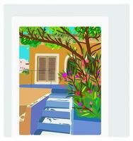 Summer landscape. House with a staircase surrounded by flowering trees vector