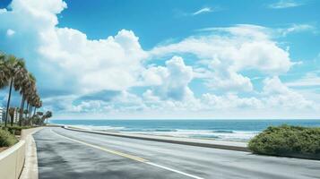 Illustration image of empty asphalt road beside the sea background, highway beside the sea, outdoors horizontal image, Generative AI illustration photo