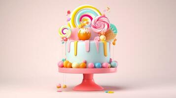 3d illustration of cute birthday cake, Sweet cake for a surprise birthday, for anniversary and celebration ,mother day, Valentine day, sweet food, cupcake, Generative AI illustration photo