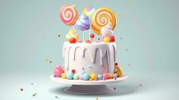 3d illustration of cute birthday cake, Sweet cake for a surprise birthday, for anniversary and celebration ,mother day, Valentine day, sweet food, cupcake, Generative AI illustration photo