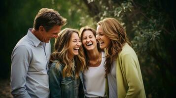 Group of happy friends and laughing, tourism, travel, peoplesharing good and positive mood, leisure and teenage concept, with blurred background, Generative AI illustration photo