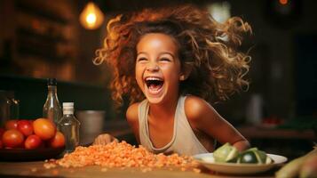 retrato de joven emocionado conmocionado loco riendo niña niño niño, gracioso niño niña comiendo sano comida a hogar noche tiempo, con borroso fondo, generativo ai ilustración foto