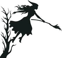 vector beautiful witch. flying witch with broom. black witch silhoutte with tree vector illustration on white background.