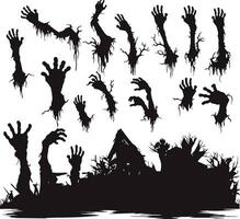 Zombie hands silhouette. Creepy zombie crooked lambs stick out of graveyard ground vector illustration set. Halloween zombie hands vector on white background.