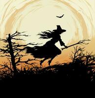 vector beautiful witch. flying witch with broom. black witch silhoutte vector illustration on yellow moon background.