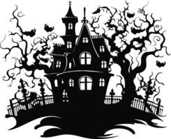 vector halloween castle landscape. black castle sillhouette. castle sillhouette with birds and trees vector illustration on white background.