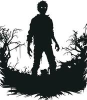 vector zombie walking out from grave. standing zombie and raising hands. standing zombie with tree vector illustration on white background.