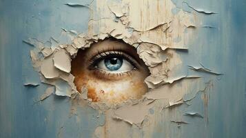 Generative AI, Woman eye looking through a torn hole in vintage paper, blue and beige colors mural. Painted hyperrealistic female art. photo