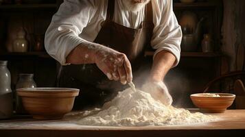 Generative AI, Old man hands of baker in restaurant or home kitchen, prepares ecologically natural pastries. photo