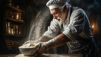 Generative AI, Old man hands of baker in restaurant or home kitchen, prepares ecologically natural pastries. photo