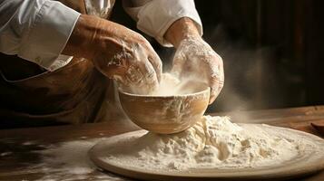 Generative AI, Old man hands of baker in restaurant or home kitchen, prepares ecologically natural pastries. photo