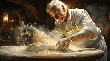 Generative AI, Old man hands of baker in restaurant or home kitchen, prepares ecologically natural pastries. photo