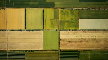 Generative AI, Farm landscape, agricultural fields, beautiful countryside, country road. Nature Illustration, photorealistic top view drone, horizontal banner. photo