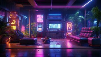 Generative AI, Computer on the table in cyberpunk style, nostalgic 80s, 90s. Neon night lights vibrant colors, photorealistic horizontal illustration of the futuristic interior. Technology concept. photo