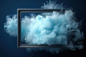 , Blue flowing smoke around empty vintage beautiful frame. Copy space, frame mock up blank photo