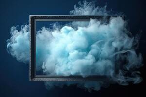 Generative AI, Blue flowing smoke around empty vintage beautiful frame. Copy space, frame mock up blank photo