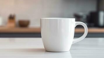 Generative AI, White ceramic cup set-up in at home interior, mug mock up blank. photo