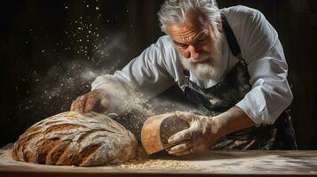 Generative AI, Old man hands of baker in restaurant or home kitchen, prepares ecologically natural pastries. photo